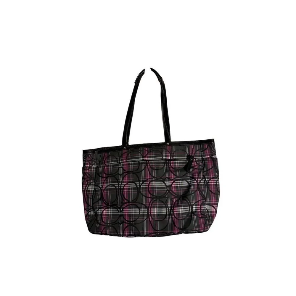 Coach Womens Signature C Poppy Plaid Tartan Glitter Shoulder Tote Bag Black Pink